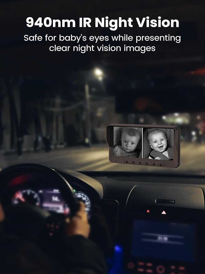 GROWNSY Dual Car Camera Baby Monitor, 7" 1080P AHD Car Camera for 2kids, Backseat Mirror for Baby Rear Facing with Infrared Night Vision, Easily Observe Baby's Every Move-BubblyBeeBaby