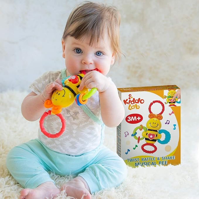 KiddoLab Twist & Rattle Musical Bee Light-Up Toy and Teething Ring for Toddlers - Sensory Chew and Fine Motor Skills Toy for Newborn - Baby Rattle and Teething Toys for 3+ Months Babies-BubblyBeeBaby