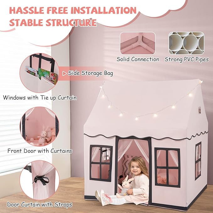INFANS Kids Play Tent with Washable Mat Star Light Windows, Anti-Trip Large Playhouse Toys for Children Boys Girls, Indoor Outdoor Princess Tents Castle for Toddlers (Pink)-BubblyBeeBaby