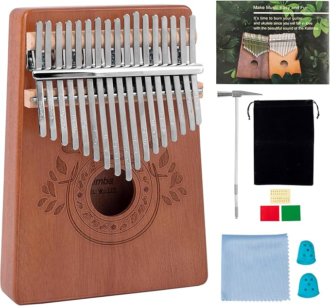 Kalimba Thumb Piano 17 Keys Instrument: Portable Mbira Finger Pianos Musical Gifts for Kids Adults Beginners - Mahogany Wood Handheld Piano with Tune Hammer, Music Book-BubblyBeeBaby