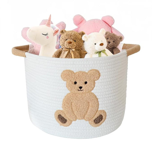 INough Cotton Rope Basket Toy Storage Baskets for kids Laundry Hamper, Gift Basket Empty Baby Shower Baskets with Handles, Cute Bins Blanket Stuffed Animal Storage for Nursery, Living Room Decor, Bear-BubblyBeeBaby