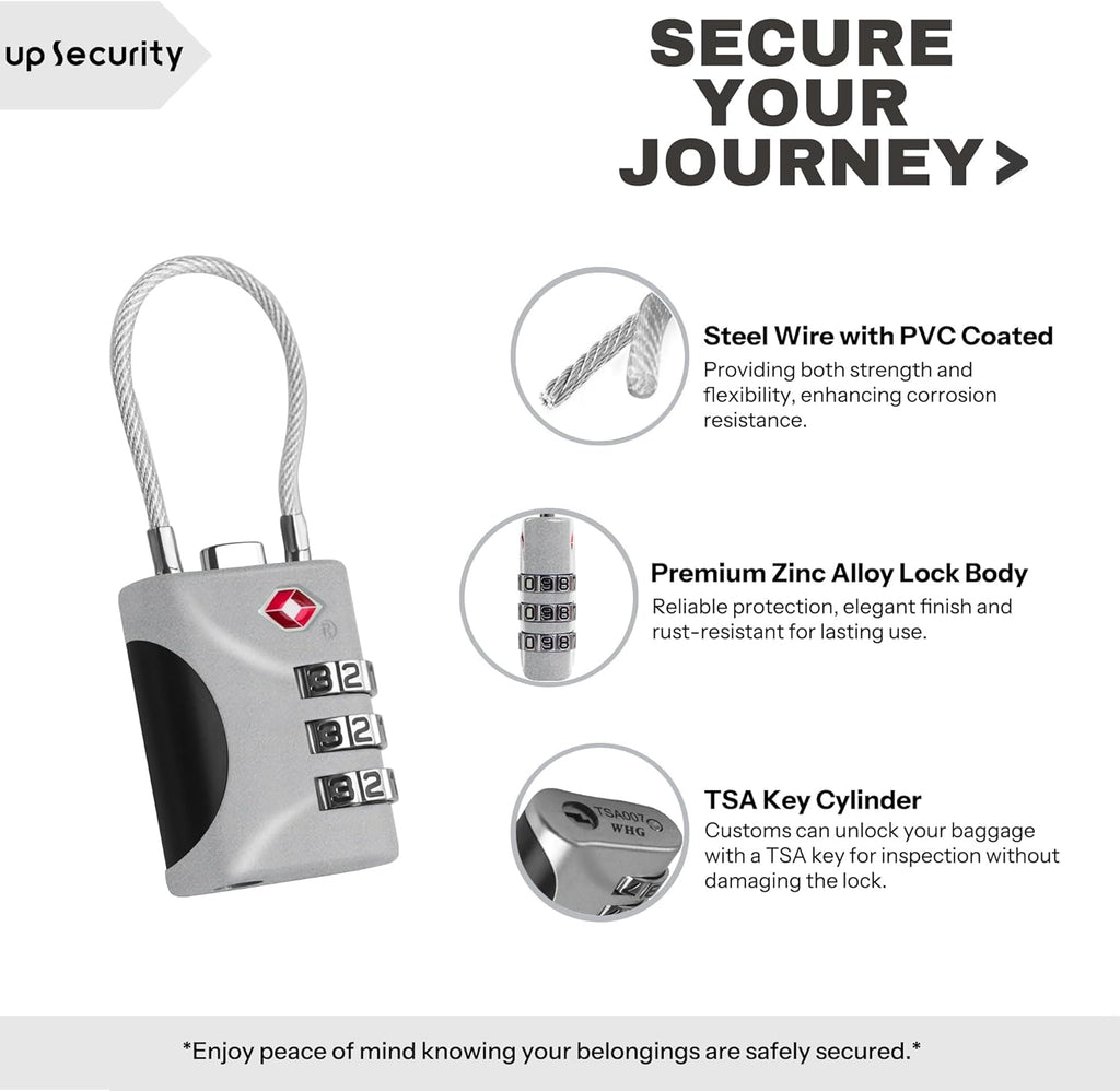 Travel Luggage Locks TSA Approved, Small Combination Padlock with Cable, Combo TSA Lock for Suitcase, Locker & Gym, Cabinet, Bag Zipper, Lock with Code for Travel Accessories (Silver)