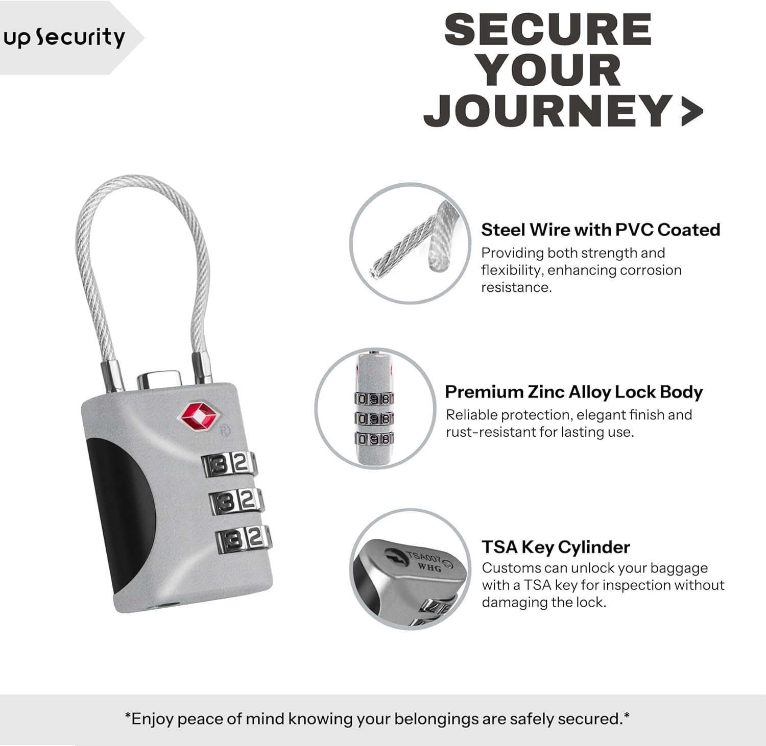 Travel Luggage Locks TSA Approved, Small Combination Padlock with Cable, Combo TSA Lock for Suitcase, Locker & Gym, Cabinet, Bag Zipper, Lock with Code for Travel Accessories (Silver)