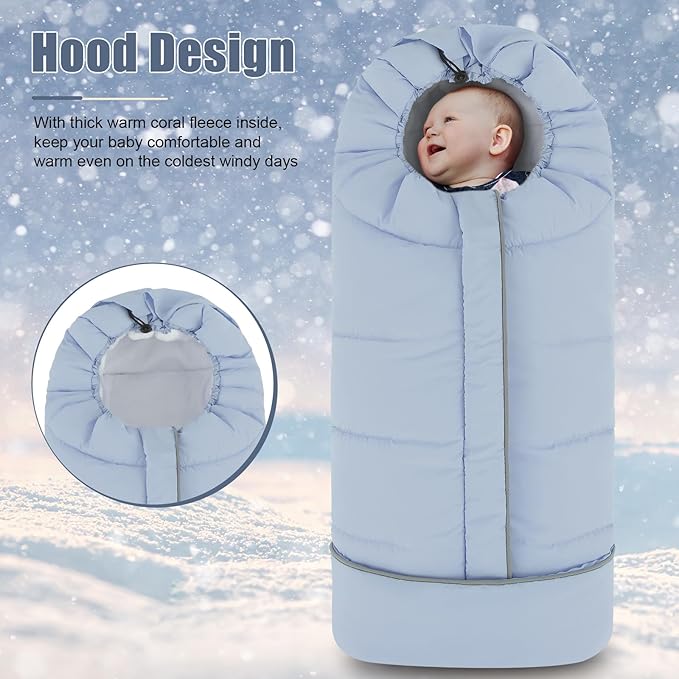 Yoofoss Stroller Cover for Winter, Toddler Stroller Footmuff Universal for Most Stroller, Water Resistant Warm Coral Baby Stroller Bunting Sleeping Bag Blue-BubblyBeeBaby