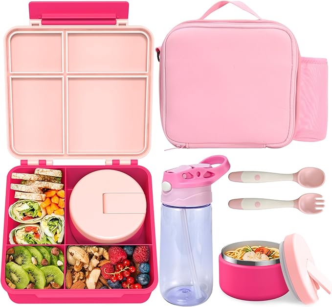 Kids Bento Lunch Box with 8oz Soup Thermo, Water Bottle, Leakproof Lunch Food Containers with 4 Compartment, Kids Insulated Hot Food Jar with Lunch Bag for School(Pink)-BubblyBeeBaby