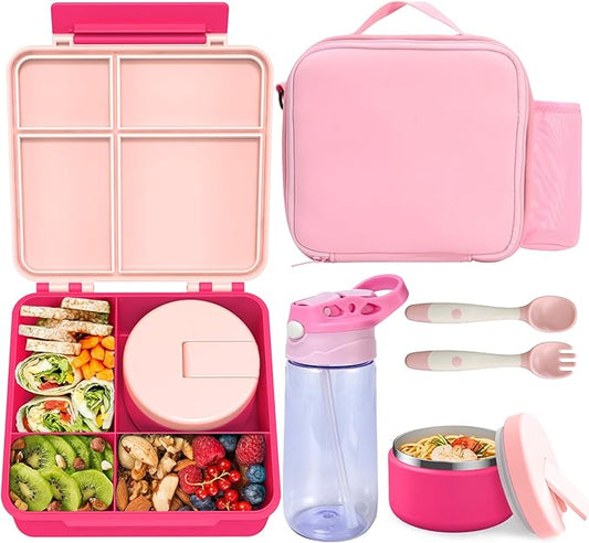 Kids Bento Lunch Box with 8oz Soup Thermo, Water Bottle, Leakproof Lunch Food Containers with 4 Compartment, Kids Insulated Hot Food Jar with Lunch Bag for School(Pink)-BubblyBeeBaby