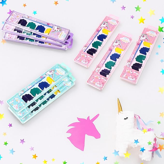 12 Pcs Unicorn Style Watercolor Painting Set 8 Washable Colors With Brush Watercolor Painting Set Gift Party Supplies Back To School Party Gift Exchange-BubblyBeeBaby