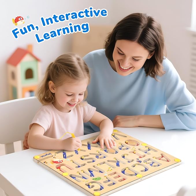 JoyCat Magnetic Letter Tracing Board, Wooden Alphabet Tracing Board for Toddlers ABC Magnets Letter Writing Practice, Magnetic Maze Preschool Learning Educational Toys for Kids 3-5-BubblyBeeBaby