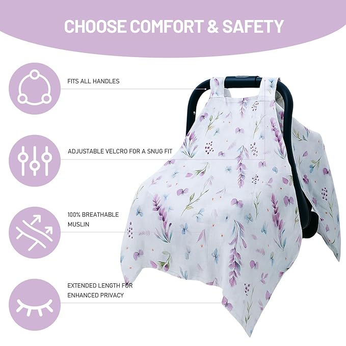 80S Muslin Car Seat Cover for Babies - Soft & Breathable Infant Carrier Canopy, Lightweight Sunshade for Summer, Universal Fit for Baby Boys & Girls-BubblyBeeBaby