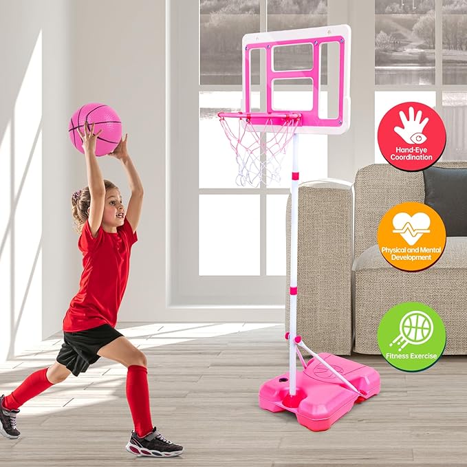 Kids Basketball Hoop with Stand, Adjustable Height 3.5FT-6.2FT Toddler Basketball Hoop, Basketball Goal Outdoor Indoor Toys for Girls Age 3 4 5 6 7 8 Years Old Gifts(Pink)-BubblyBeeBaby
