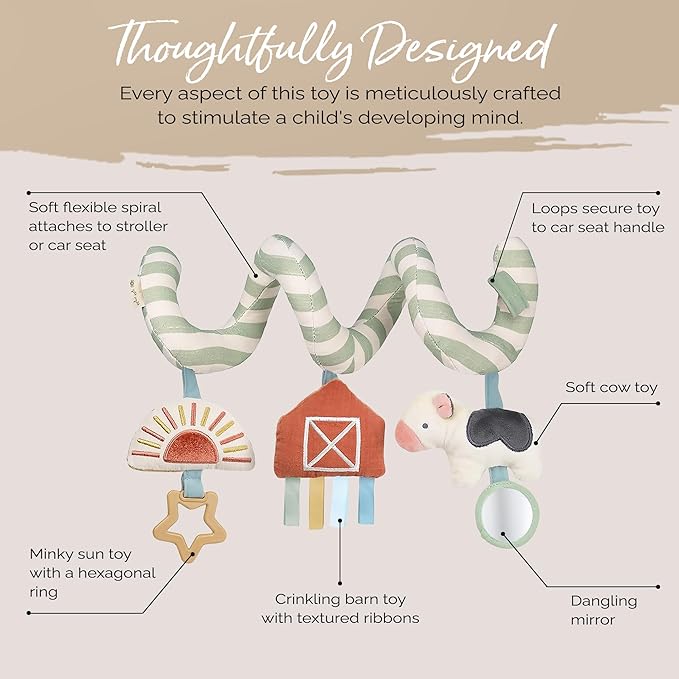 Itzy Ritzy Spiral Car Seat & Stroller Activity Toy - Stroller & Car Seat Toys for Ages 0 Months and Up - Hanging Toys Include Dangling Ring, Mirror and Textured Ribbons (Farm)-BubblyBeeBaby