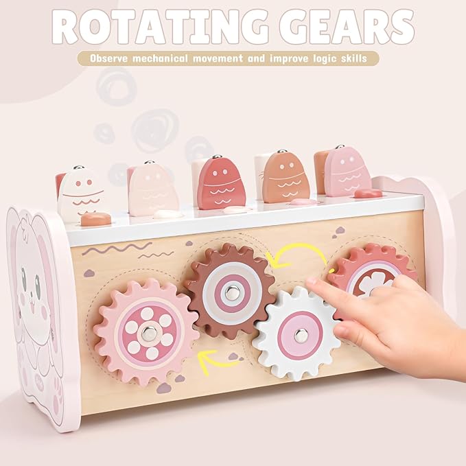 Joyreal Montessori Toys for 1 Year Old Girl Gift - Pink Wooden Hammering Pounding Toy with Xylophone & Fishing Game - Toddler Learning Activities for Kids 1+ 2 3 Year Old Christmas Birthday Gifts-BubblyBeeBaby