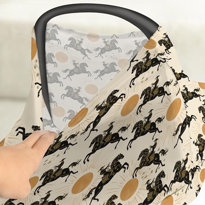 Western Cowboys Sunshine Baby Car Seat Covers Cowboy Horse Sun Stretchy 5-in-1 Cover Adjustable Car Canopy Breastfeeding Cover Wild West Desert Breathable Nursing Cover-Up-BubblyBeeBaby