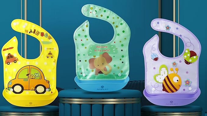 Amplim Baby Feeding Bib (3-Pack) Toddler/Baby Bibs for Eating. Waterproof, Adjustable, Lightweight. Eco-friendly PEVA material. BPA, Lead, Phthalate, Cadmium free-BubblyBeeBaby