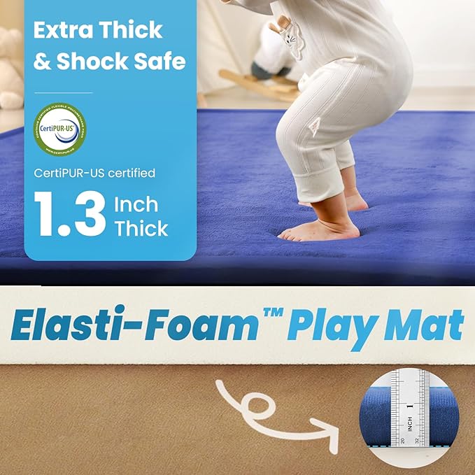 1.3" Thick Baby Play Mat for Floor, 28x72 Foam Tummy Time Mat, Padded Support Soft Plush Bedside Rugs for Infant Kids Toddler Crawling Kick Activity (Royal Blue)-BubblyBeeBaby