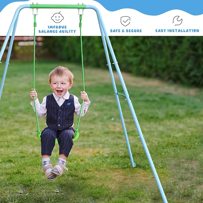 2-in-1 Toddler Swing Set with Metal Stand, Safety Belt & 4 Anchors - A-Frame Swing for Kids 6 Months+ (Blue, Indoor/Outdoor Backyard Playground)-BubblyBeeBaby