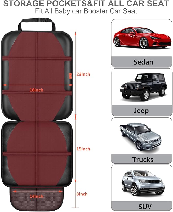 Car Seat Protector,2 Pack Automotive Seat Protectors Baby Carseat Pad Waterproof Durable 600D Fabric for Child Baby Car Seat Mat Vehicle Pet Cover 2 Storage Pockets (Wine Red)-BubblyBeeBaby