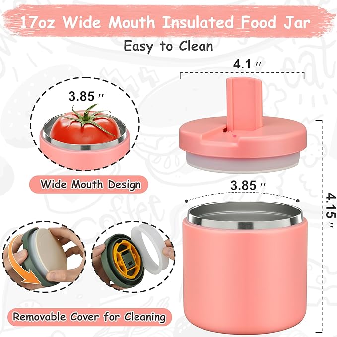 19oz Insulated Vacuum Food Jar with Buckle Lid Wide Mouth Soup Thermo for Hot Food Kids Leakproof Stainless Steel Lunch Container- Pink-1Pack-BubblyBeeBaby