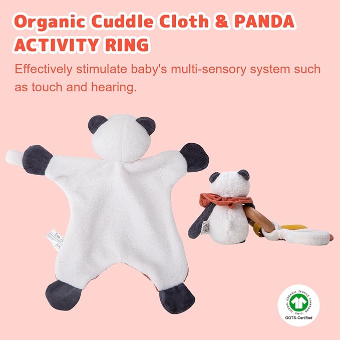 Organic Cotton Stuffed Animal Rattle Baby Toys, Organic Panda Cuddle Cloth & Organic Panda Activity Ring Plush Toy Set for Newborns Infant Boys Girls, 2 PCS-BubblyBeeBaby