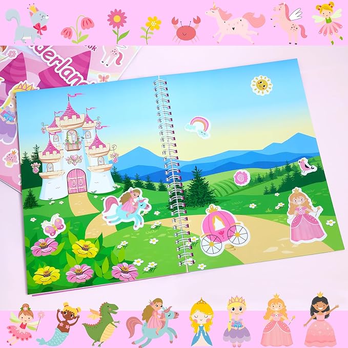 Jelly Sticker Books for Toddlers 2-4 Travel Essentials, Reusable Sticker Book + 8 Scenes + 2 Matching Games + 51 Large Princess Stickers for 1-3 Toddler Activities (Wonderland)-BubblyBeeBaby