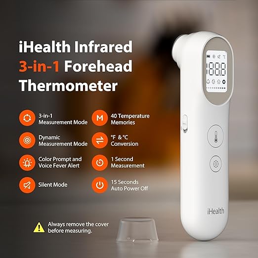 iHealth Infrared Digital Thermometer for Adults and Kids, Baby Thermometer with 3-in-1 Mode & 3-Color Prompt, Fever Alarm & Silent Mode, Forehead & Object Detection, 40 Memory Storages, PT9L, White-BubblyBeeBaby