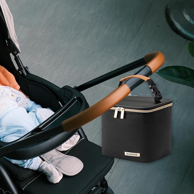 Insulated Bottle Bag with Ice Pack Fits 4 Large Baby Bottles Up to 5 Ounce, Cooler Bag Great for Nursing Mom Daycare-Black-BubblyBeeBaby