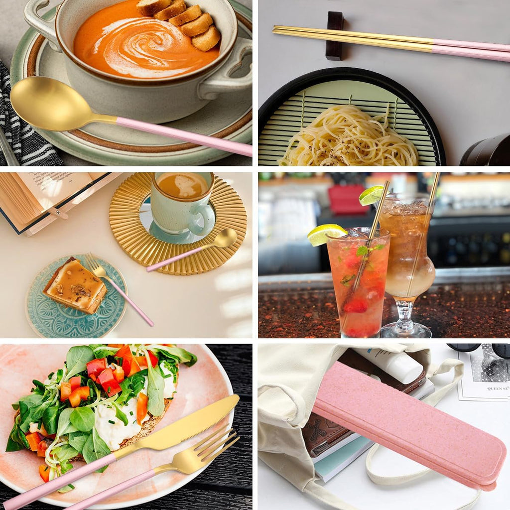 AARAINBOW 6 Pieces Stainless Steel Flatware Set Portable Reusable Cutlery Set Travel Utensils Set Including Chopsticks Knife Fork Spoon Straws Cleaning Brush Dishwasher Safe (B-Pink golden)