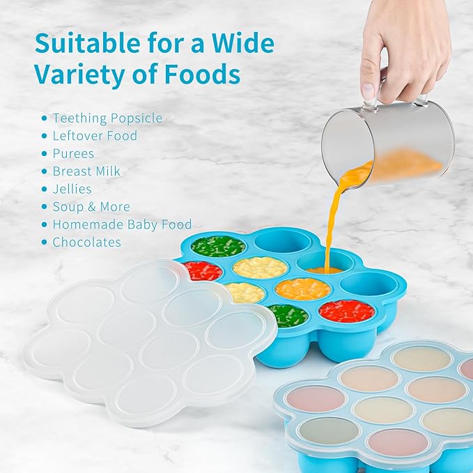 10 Cavities 2 OZ Portions Silicone Baby Food Freezer Tray with Lid, Baby Food Storage Containers,For freezing and storing Breast Milk,ice cube,Fruit Purees,leftovers(Blue)-BubblyBeeBaby