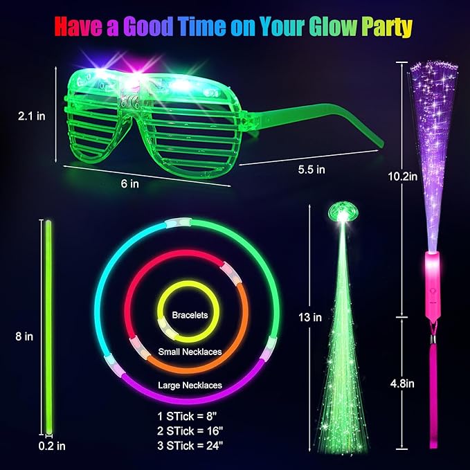 148 PCS Glow in the Dark Party Supplies, 16 Fiber Optic Wands, 14 LED Glasses, 100 Glow Sticks and 18 LED Hair Clips Fiber Optic for Neon Party, Wedding, Birthday, Concert, New Year-BubblyBeeBaby