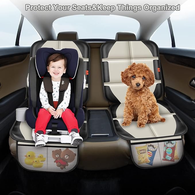 Car Seat Protector,2 Pack Car Seat Protectors Baby Carseat Waterproof Durable 600D Fabric for Child Baby Car Seat Mat Vehicle Pet Cover 2 Storage Pockets (2 Pack Beige)-BubblyBeeBaby