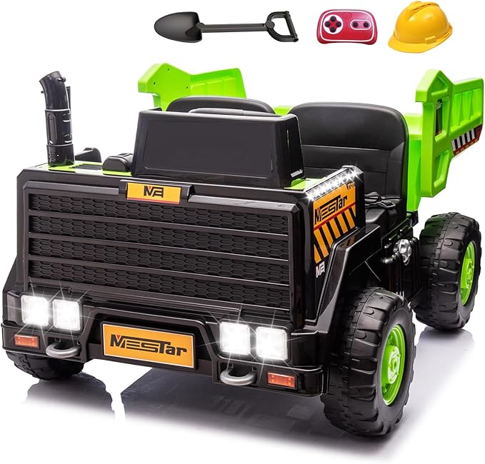 24V Ride On Dump Truck, 24inch-2 Seater Ride On Car for Kids w/Remote Control 4WD/2WD Up to 5 Mph, 24v Ride on Toys for Big Kids w/Electric Dump Bed Extra Shovel Traffic Cones (Green)-BubblyBeeBaby