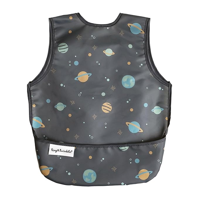 Tiny Twinkle Mess Proof Baby Bib - Waterproof & Lightweight Baby-Led Weaning Apron | 100% Recycled Polyester, Easy Clean & Machine Washable (Space, Small 6-24 Months)-BubblyBeeBaby