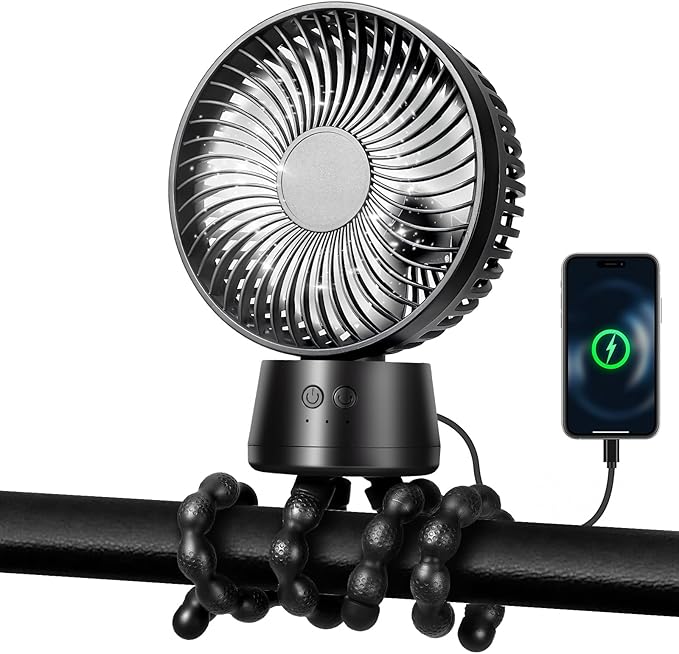 50H Portable Stroller Fan, 15000mAh Ultra-Long Battery Powered Rechargeable Personal Fans, Tripod Clip Fan with Auto Rotation，3 Speed Desk Handheld Cooling for Travel Car Seat Bedroom-BubblyBeeBaby