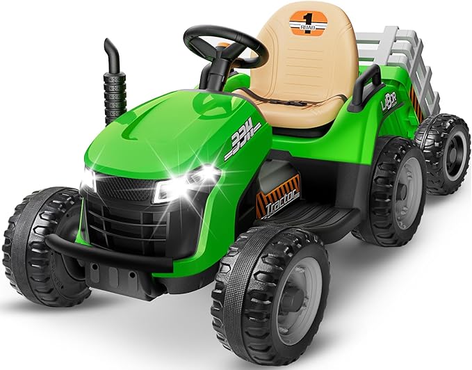 24V Ride On Tractor w/Tiltable & Detachable Trailer, 2x65W Motors, EVA Tires, Remote Control, Bluetooth, Shifter, Music, Electric Car for Kids, Green-BubblyBeeBaby