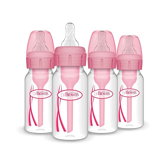 Dr. Brown's Natural Flow Anti-Colic Options+ Narrow Baby Bottle, 4 oz/120 mL, with Level 1 Slow Flow Nipple, Pink, 0m+, 4 Pack-BubblyBeeBaby
