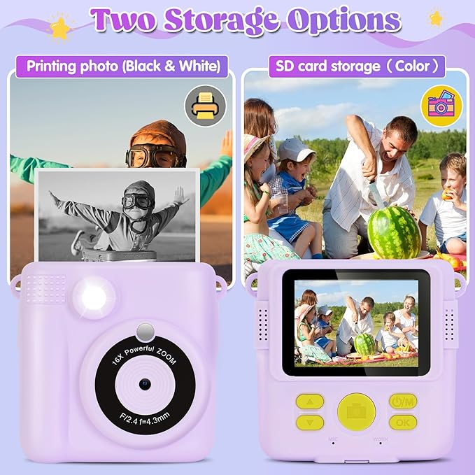 Instant Print Camera for Kids - 2.4 Inch Kids Camera Instant Print with Paper & 32G Card- Digital Children Toys as Christams Birthday Gifts for Girls Boys Age 3-12 - Purple-BubblyBeeBaby