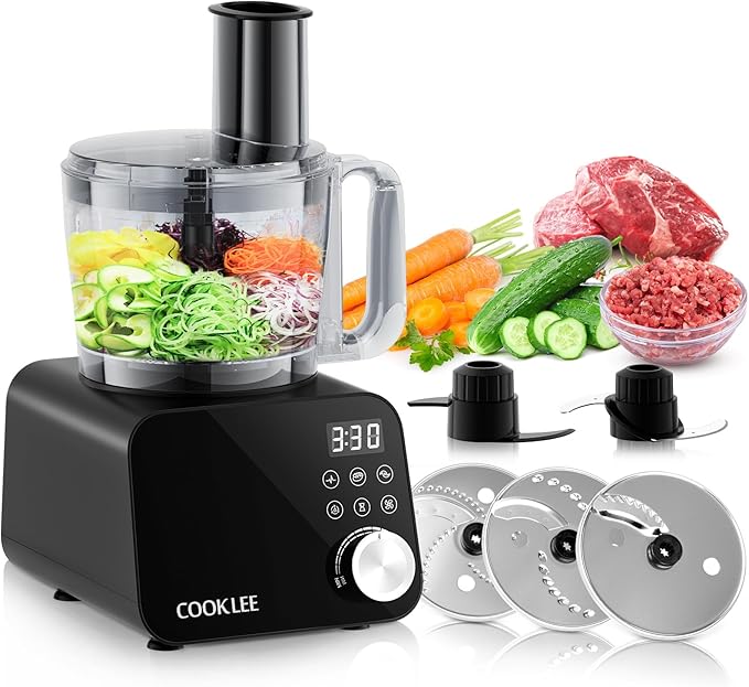 COOKLEE Food Processor, 600 Watts, 6 Functions Electric Food Chopper for Chopping, Mincing, Dicing, Shredding, Slicing, Purees & Dough with 12cup Processor Bowl, Food Chute & Pusher, Black-BubblyBeeBaby