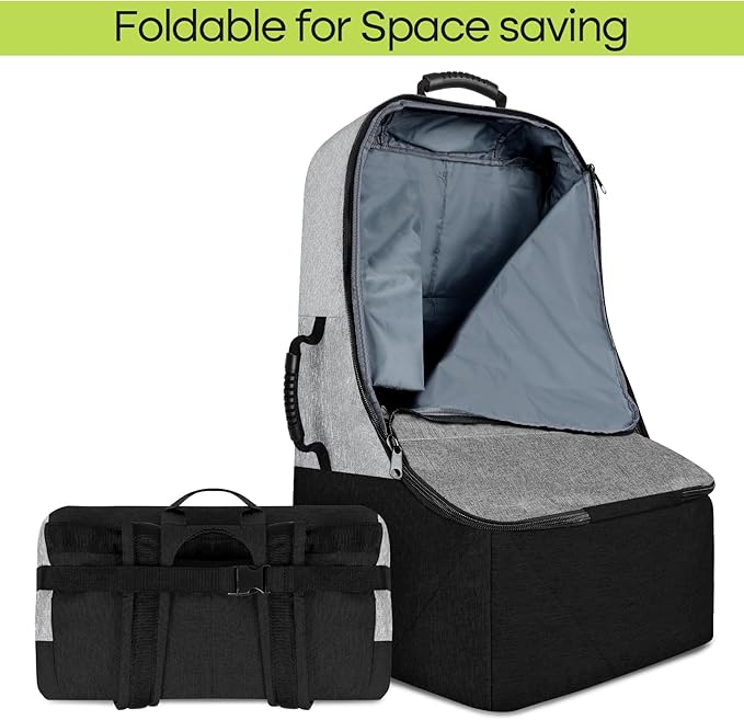 Padded Car Seat Travel Bag for Airplane, Heavy Duty Backpack for Air Travel, Water-Resistant Carrier with Shoulder Strap, Fits Most Car Seats (Grey+Black)-BubblyBeeBaby