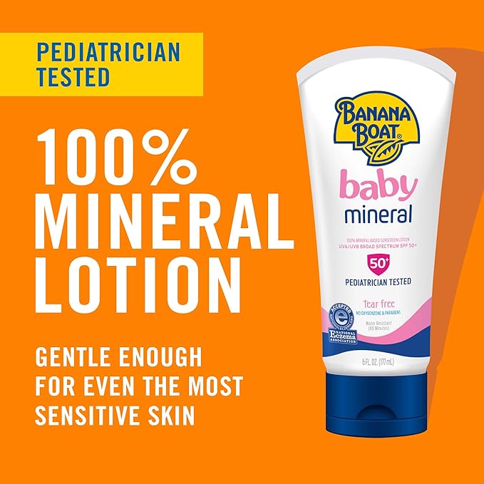 Banana Boat 100% Mineral Baby Sunscreen Lotion SPF 50 Twin Pack | SPF 50 Sunscreen for Babies, Baby Sunblock Lotion, Oxybenzone-Free, 6oz each-BubblyBeeBaby