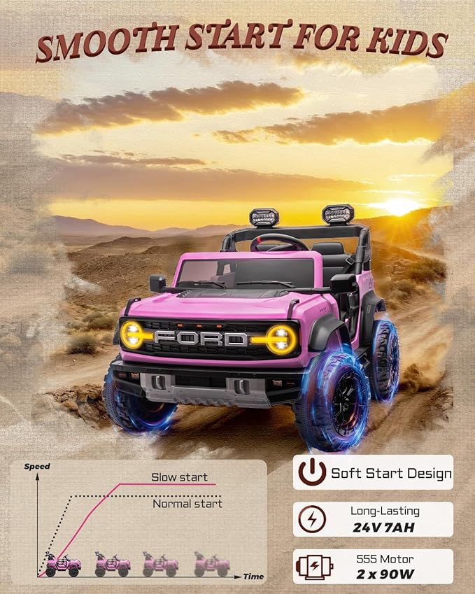 24V Ride on Toys for Big Kids, Licensed Ford Bronco Raptor 2 Seater Ride on Cars with Remote Control, Ride on Truck w/ 4-Wheeler Suspension, 3 Speeds, Led Lights, Bluetooth (24V, Pink)-BubblyBeeBaby