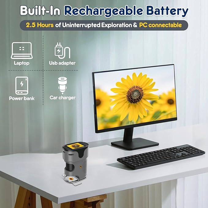 1000X Handheld Microscope for Kids 4K 2.0" Screen Rechargeable Mini Pocket Digital Microscopes w/Slides Kit Portable Edu Gift Age 4-6 8-12 Children Students (Grey)-BubblyBeeBaby