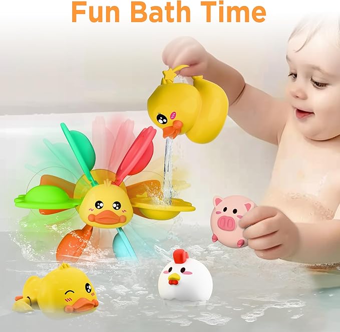 iPlay, iLearn Baby Duck Bath Toy, Toddler Bathtub Suction Water Spinner Gear, Kid Shower Fishing Game W/ Net, Light up Animal, Wind up Swimming Duck, Birthday Gift 6 9 12 Month 1 2 3 Year Old Boy Girl-BubblyBeeBaby