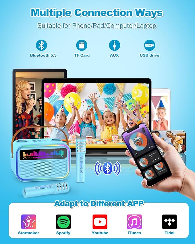 Karaoke Machine for Kids Adults, Birthday Gifts Toys for Girls Boys Age 3-12+,Mini Portable Bluetooth Singing Speaker with 2 Wireless Microphones & LED Lights (Blue)-BubblyBeeBaby
