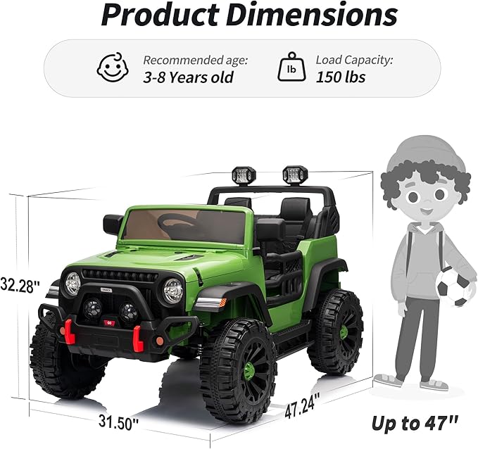 2 Seater Ride on Toy Car for Kids, 24V 4WD Ride-on Truck Kids Electric Car with Remote Control, 4x200W Motors - Army Green-BubblyBeeBaby