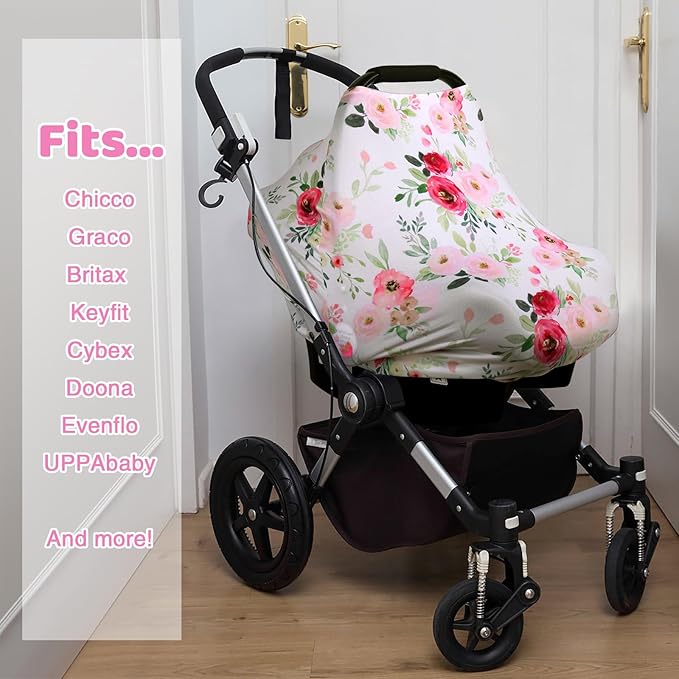 Rquite All-in-1 Car Seat Cover Baby, Carseat Covers for Girl Boy, Stretchy Soft Infant Car Seat Cover, Multi-use Baby Carrier Cover, Car Seat Canopy, Stroller Sun Shade, Nursing Breastfeeding Cover-BubblyBeeBaby