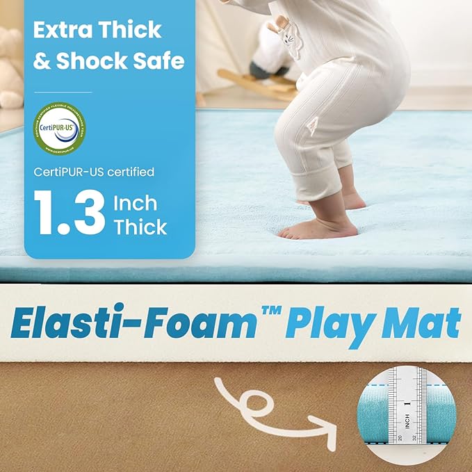 1.3" Thick Baby Play Mat for Floor Playpen, 50x50 Foam Tummy Time Mat, Padded Support Soft Plush Nursery Rug for Infant Kids Toddler Crawling Kick Activity (Ice Blue)-BubblyBeeBaby