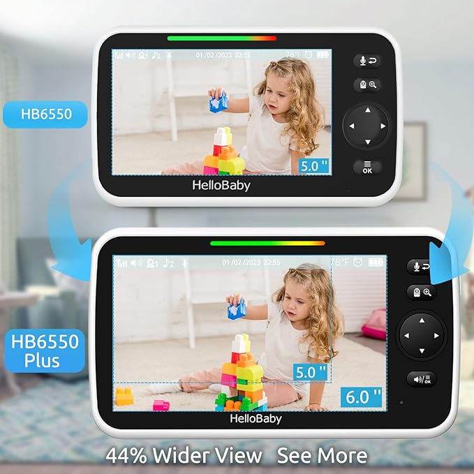 HelloBaby 6'' World First IPS 30H Battery Split-Screen Video Baby Monitor with Camera and Audio, No WiFi, Pan-Tilt-Zoom, VOX, 2-Way Talk, Night Vision, 8 Lullabies, 1000ft, for New Parents/Elderly-BubblyBeeBaby