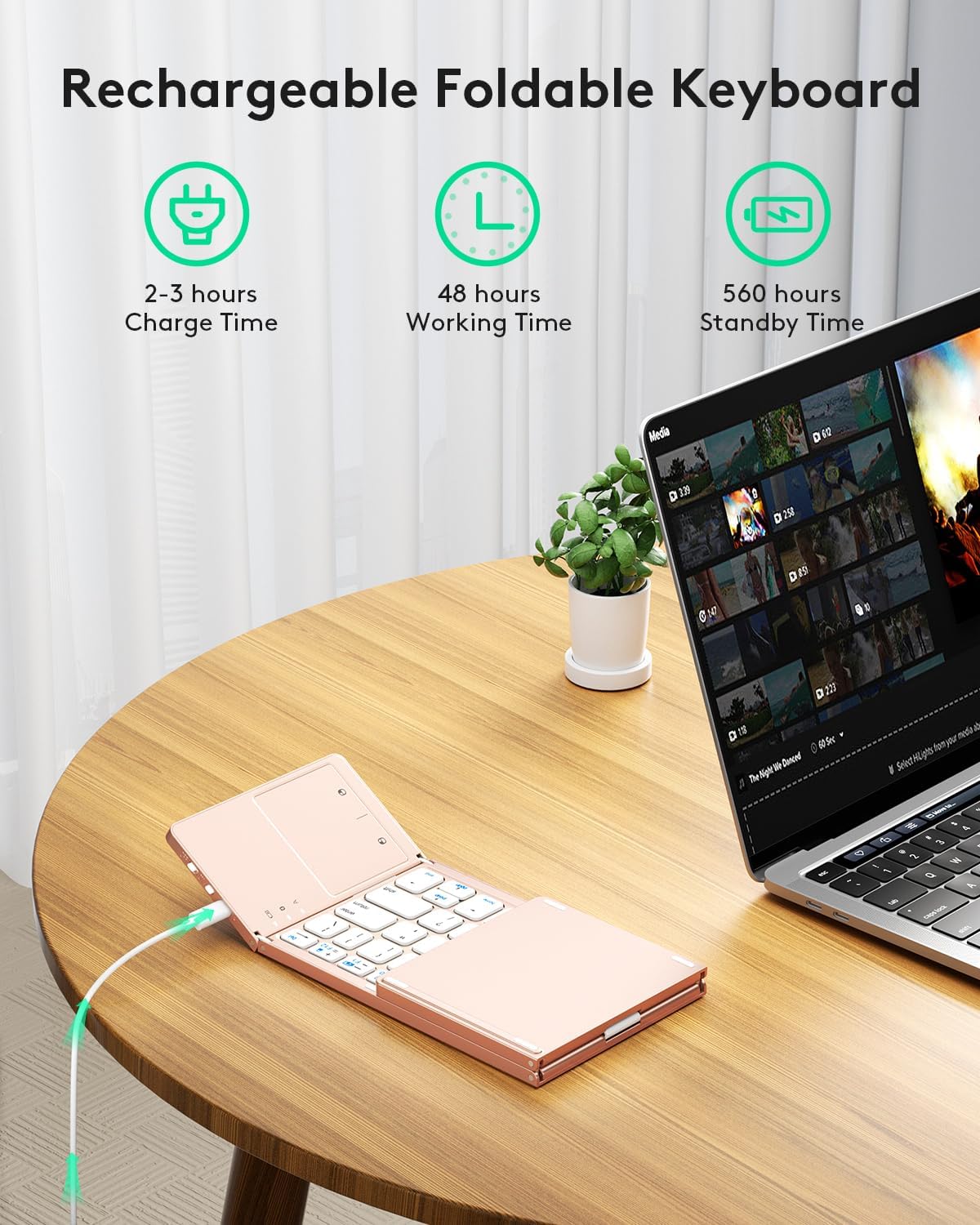 Samsers Multi-Device Foldable Bluetooth Keyboard with Touchpad, Rechargeable Dual-Mode(2.4G+BTx2) Wireless Keyboard with Holder, Portable Folding Keyboards for Android Windows iOS Mac OS - Pink