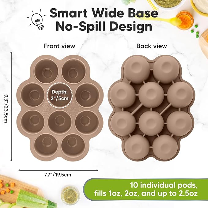 KeaBabies Silicone Food Freezer Trays with Lid, 2oz x 10 Pods Baby Food Storage Containers, Easy Puree Meal Prep, Breast Milk Silicone Freezer Molds, Dishwasher, Microwave Safe,BPA-Free(Chai Latte)-BubblyBeeBaby