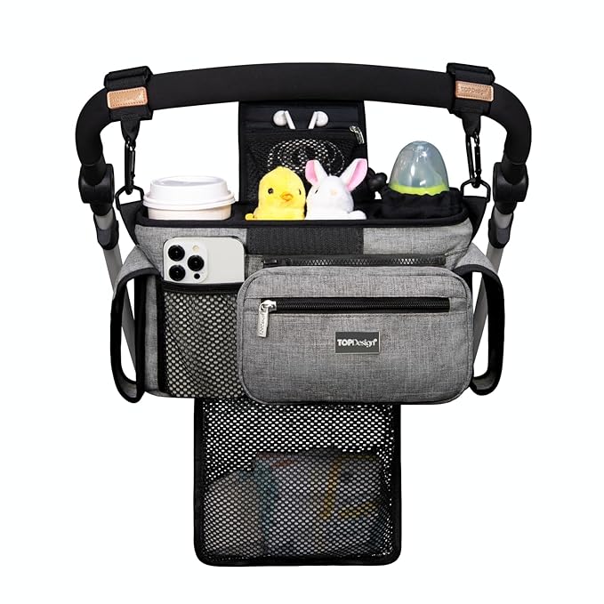 TOPDesign Universal Baby Stroller Organizer, Stroller Caddy with Detachable Mesh Bag & Heightened Insulated Cup Holders & Non-Slip Secure Hooks Accessories, Fits Most Strollers (Grey)-BubblyBeeBaby